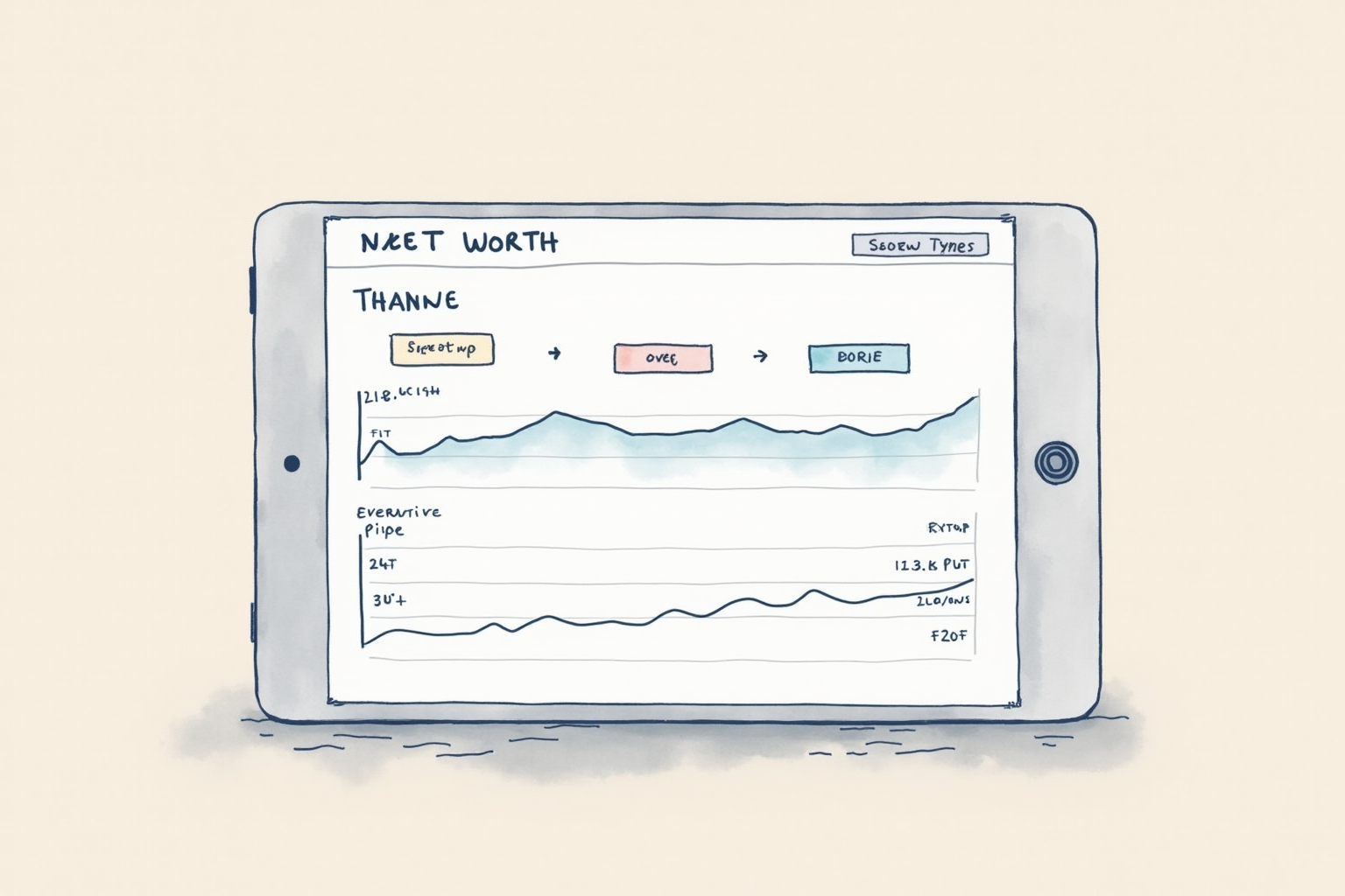 Net worth tracker dashboard on tablet showing assets minus liabilities