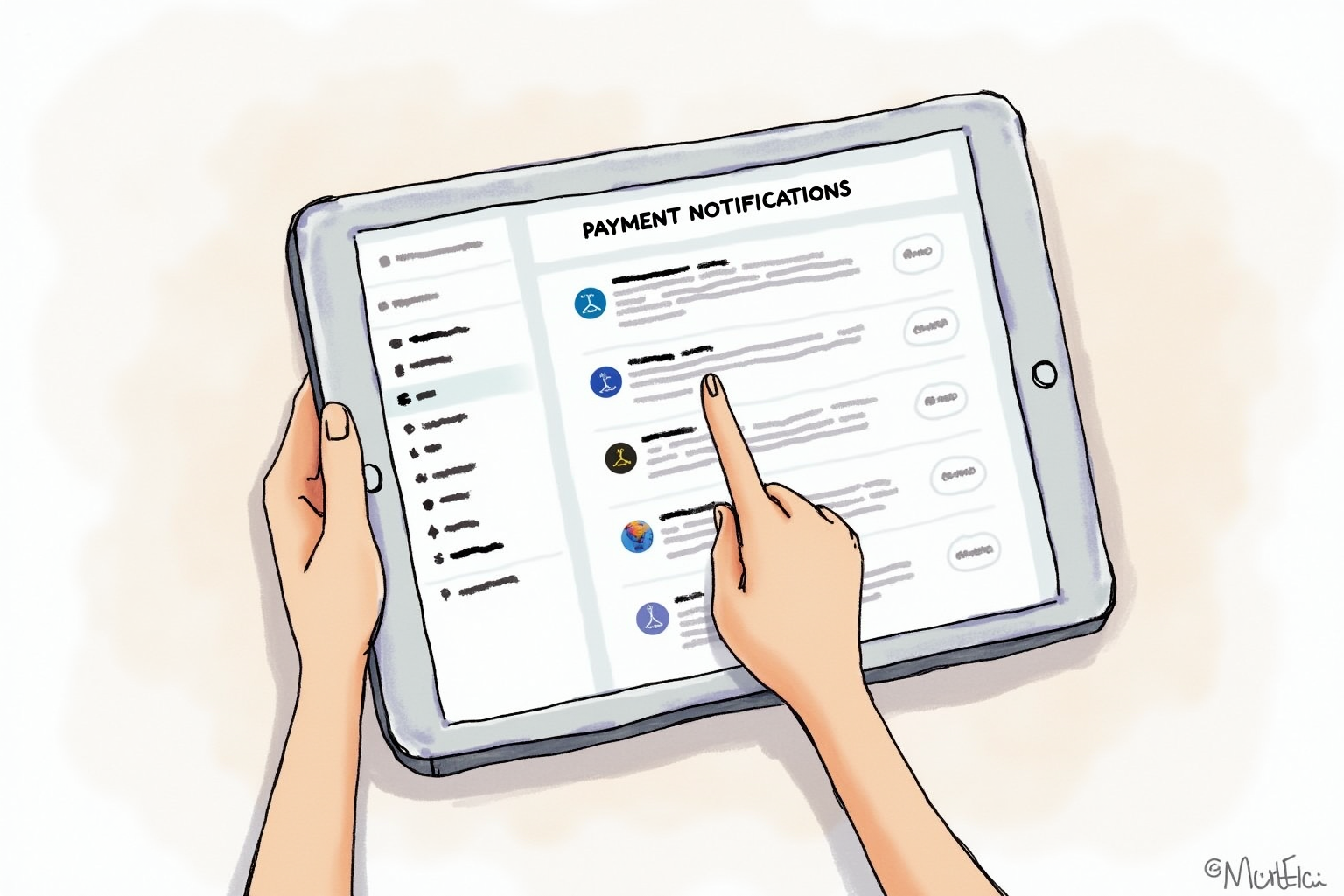Freelancer receiving payment notification from various platform sources on tablet
