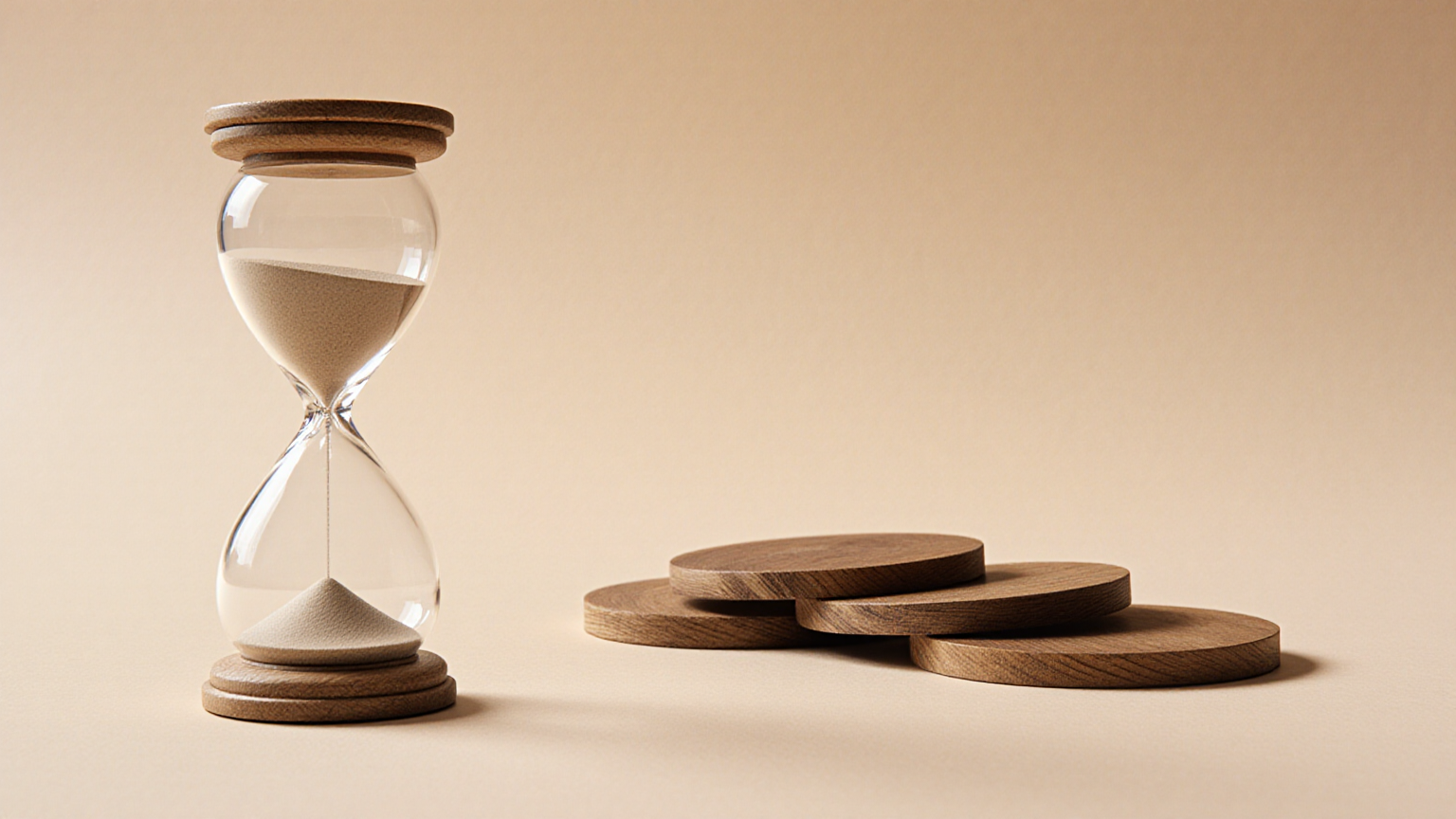 Hourglass and wooden tokens illustrating redemption timing